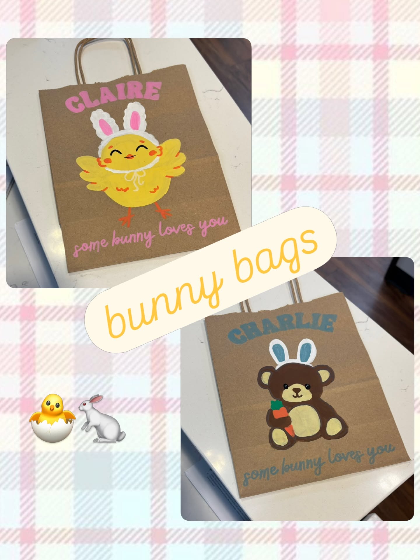 Hand-painted Easter gift bags with a painted chick and bear